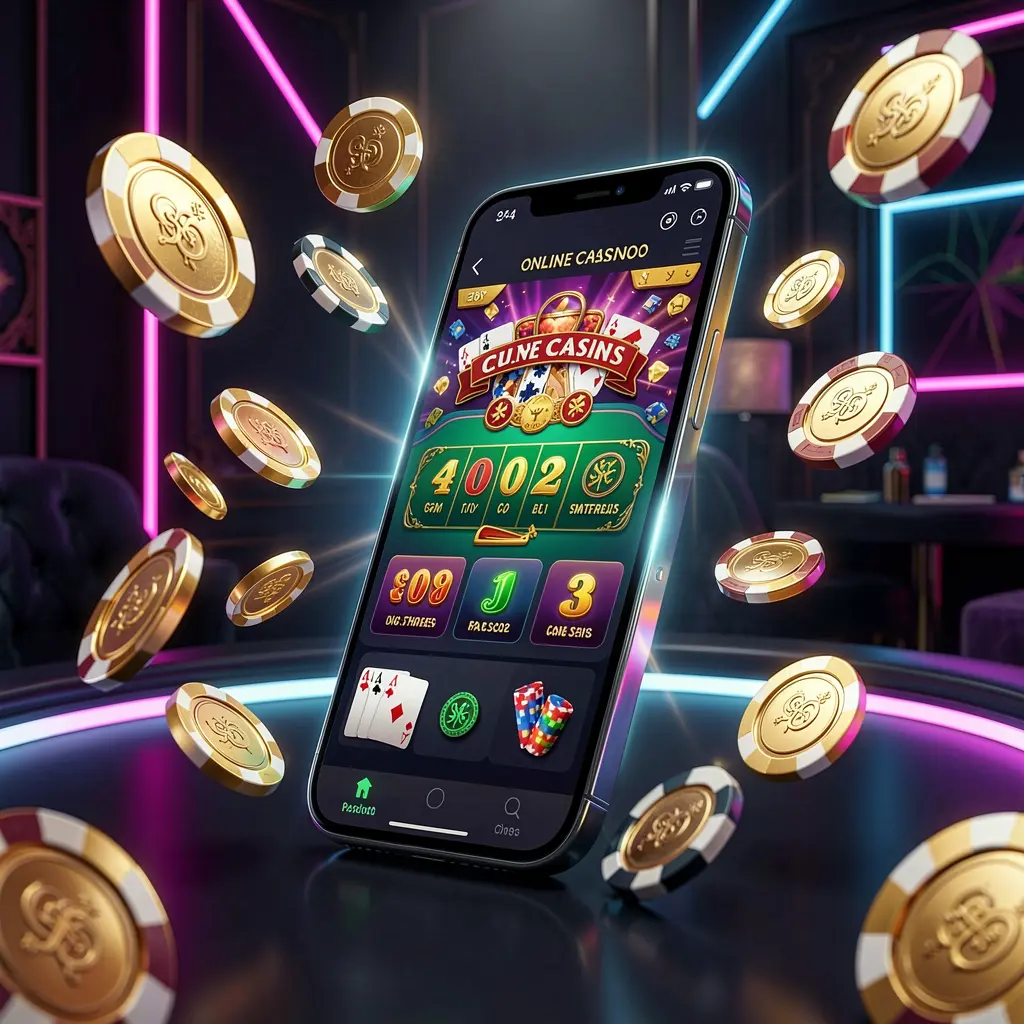 GOLBAJI online casino mobile app hero banner showing a modern smartphone with a glowing casino interface, surrounded by flying golden coins and poker chips against a dark luxury background with neon accents