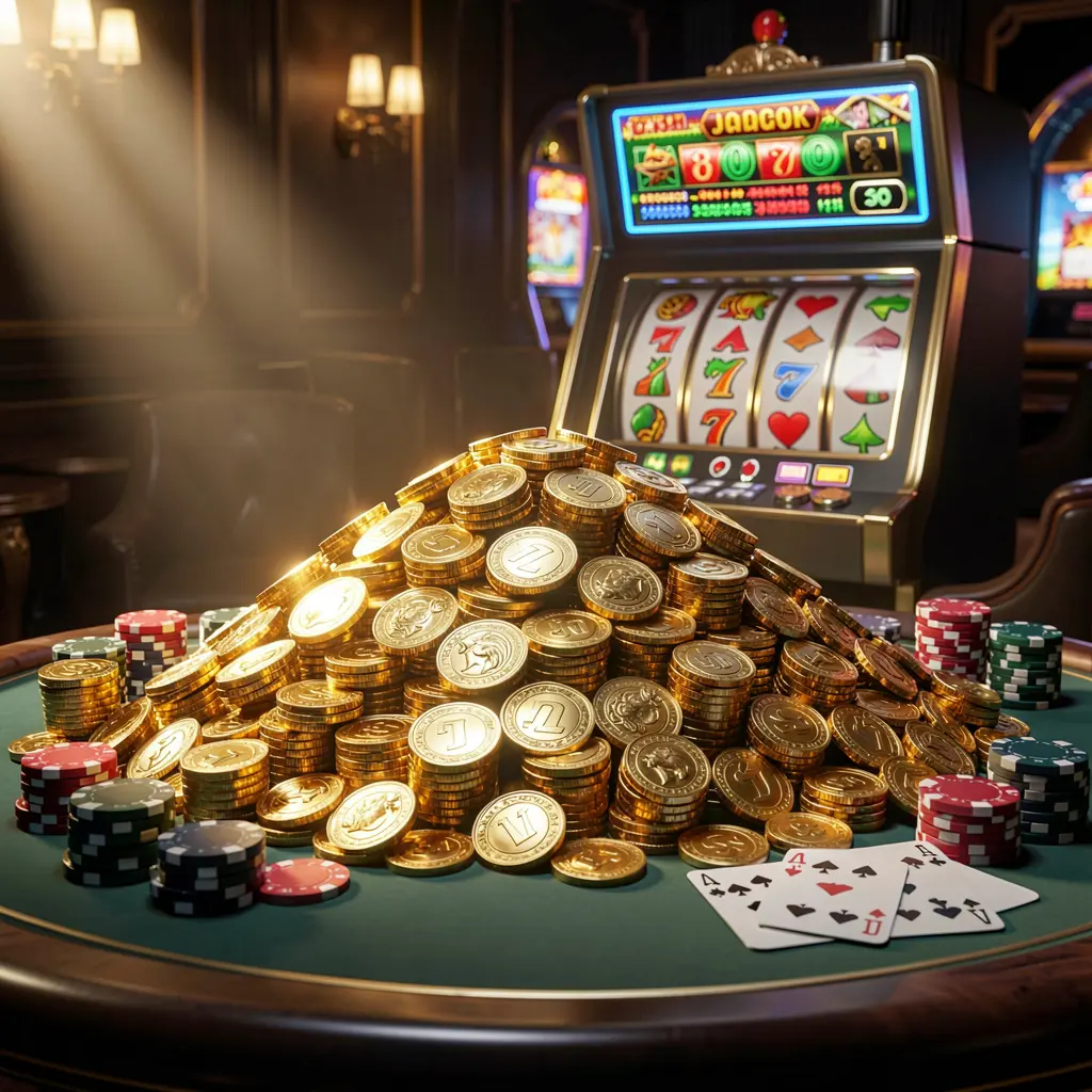GOLBAJI online casino jackpot bonus scene featuring a massive pile of golden coins, a slot machine with glowing jackpot lights in the background, poker chips and playing cards on a luxury table under dramatic cinematic lighting
