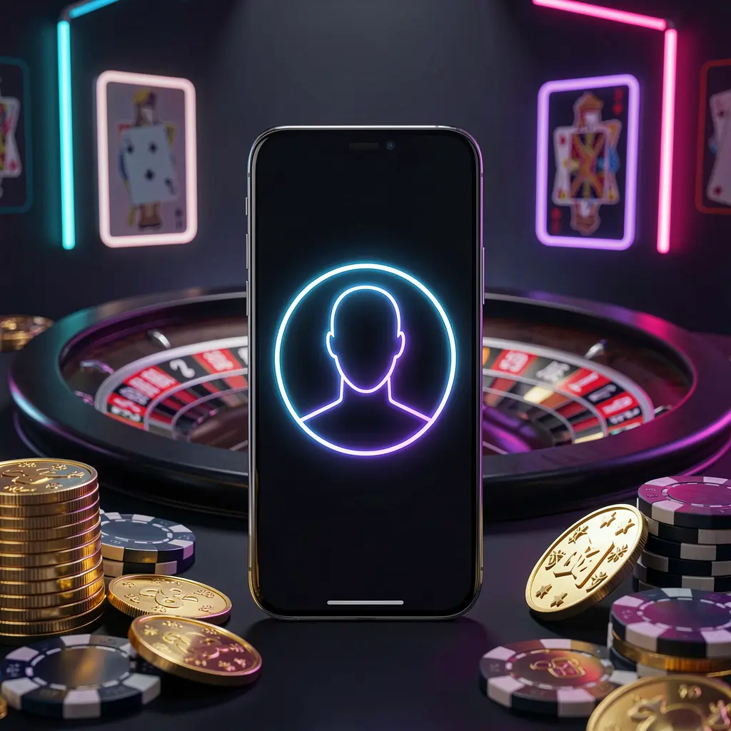 GOLBAJI online casino login screen featuring a modern phone with a glowing profile icon, roulette lights in the background, and golden coins and poker chips in a premium dark neon atmosphere