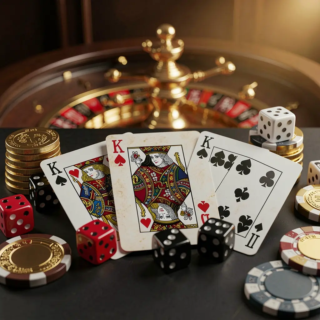 GOLBAJI elegant online casino homepage featuring royal flush cards, dice, golden coins, poker chips on a dark table with a glowing roulette wheel in the background in a cinematic 3D render